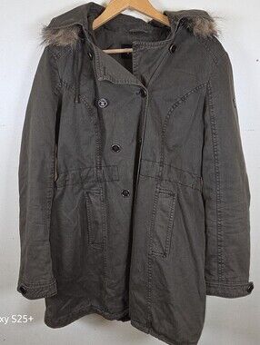 Guess Military Style Jacket Parka XL Fur Trim Hood Y2K